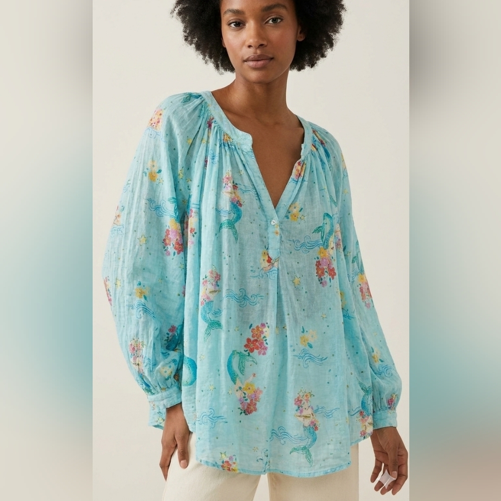 Forte forte camicia bohémienne shirt in Mermaid Ocean Blue Cotton Oversizied 0